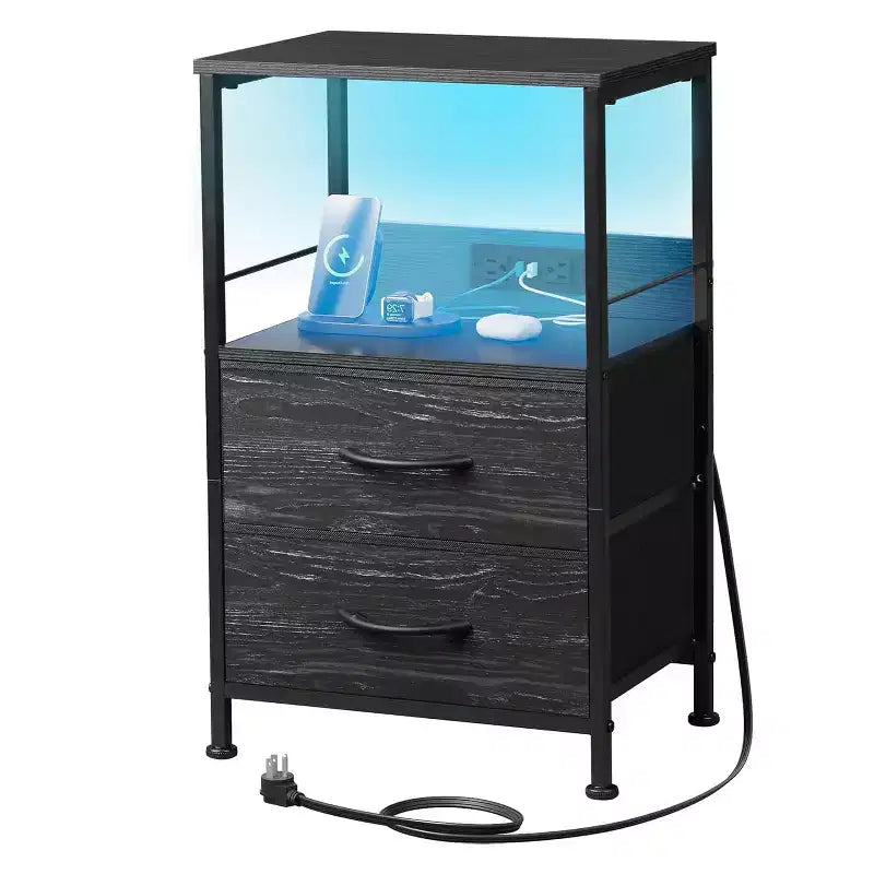 Table de chevet avec station de recharge, table de chevet LED avec 2 tiroirs en tissu, étagère de rangement, 3 ports USB et 2 prises de courant