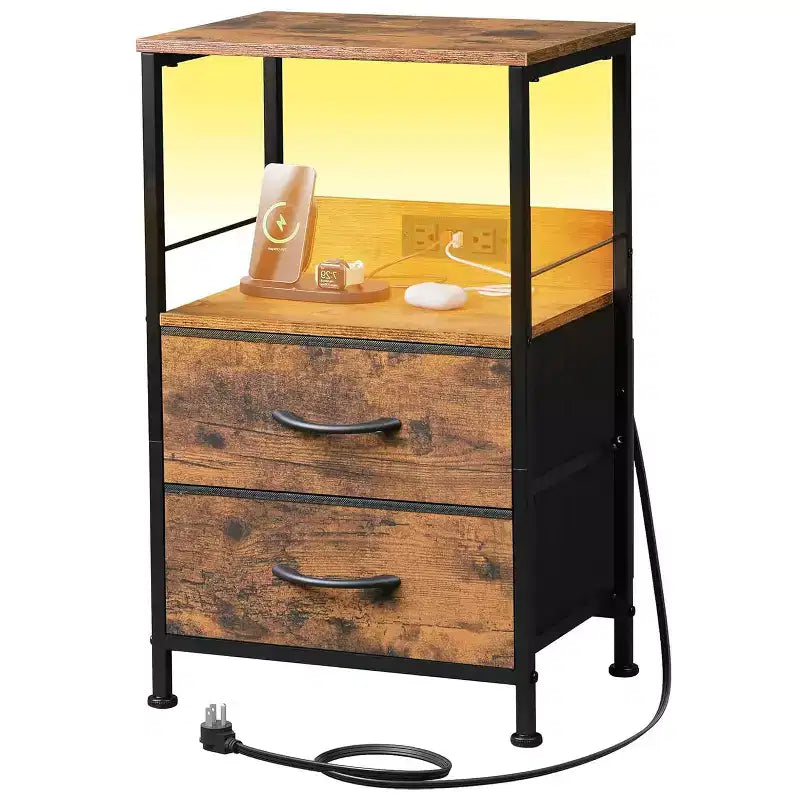 Table de chevet avec station de recharge, table de chevet LED avec 2 tiroirs en tissu, étagère de rangement, 3 ports USB et 2 prises de courant