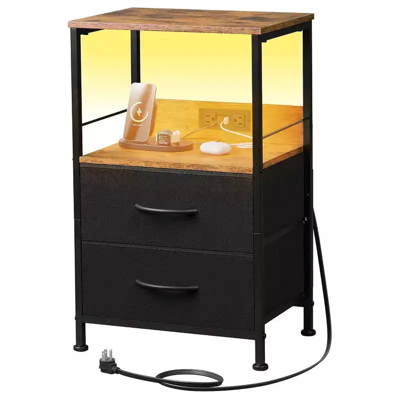 Table de chevet avec station de recharge, table de chevet LED avec 2 tiroirs en tissu, étagère de rangement, 3 ports USB et 2 prises de courant