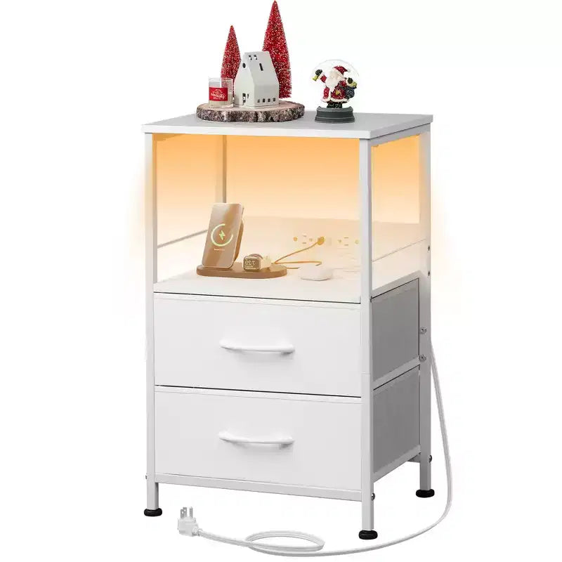 Table de chevet avec station de recharge, table de chevet LED avec 2 tiroirs en tissu, étagère de rangement, 3 ports USB et 2 prises de courant