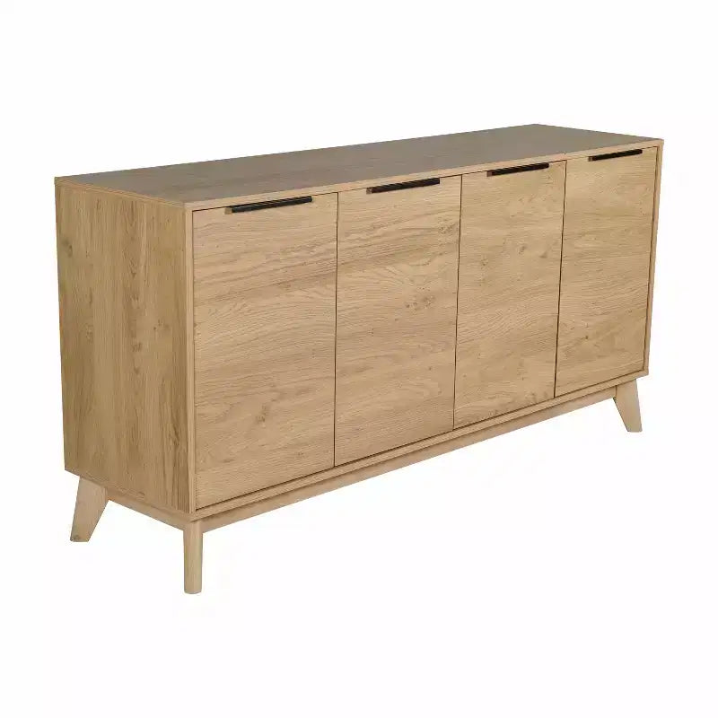 Buffet moderne du milieu du siècle à quatre portes Merrick Lane, meuble TV avec étagères