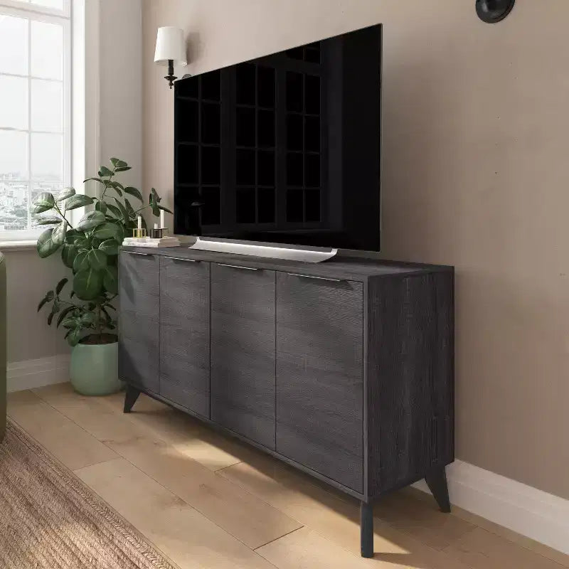 Buffet moderne du milieu du siècle à quatre portes Merrick Lane, meuble TV avec étagères
