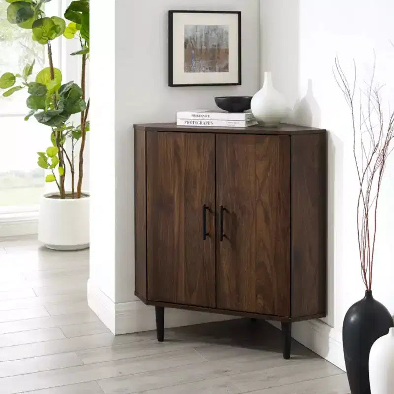 Meuble d'angle d'appoint triangulaire moderne en bois GDFStudio Hilary avec 2 portes