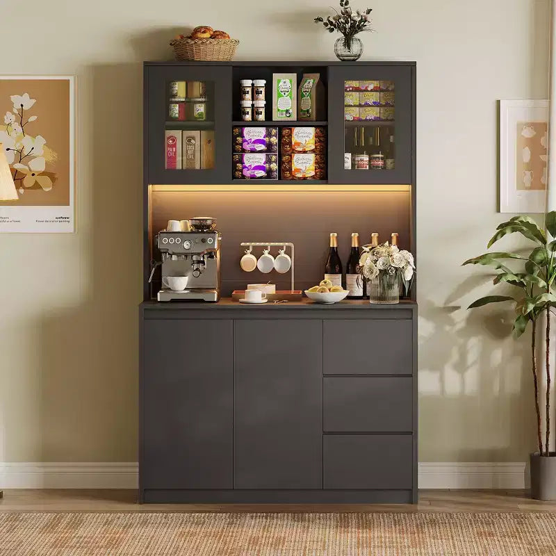 Meuble de Cuisine Whizmax avec Lumières LED et Station de Charge, Grand Placard de Rangement avec Plan de Travail, Armoire de Cuisine avec Tiroir et Portes Vitrées