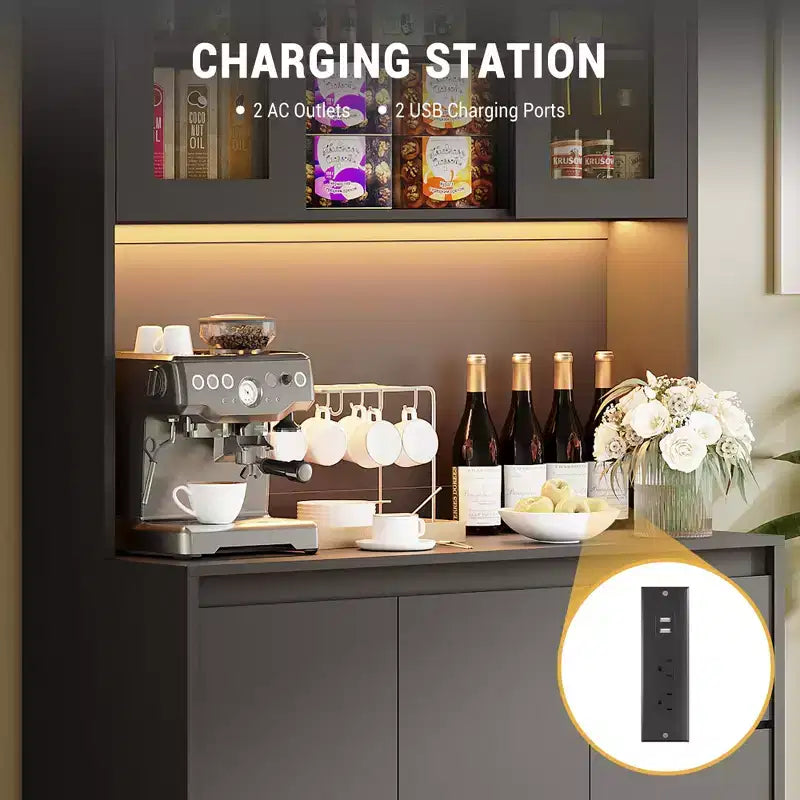 Meuble de Cuisine Whizmax avec Lumières LED et Station de Charge, Grand Placard de Rangement avec Plan de Travail, Armoire de Cuisine avec Tiroir et Portes Vitrées
