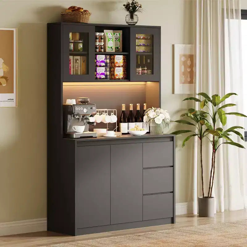 Meuble de Cuisine Whizmax avec Lumières LED et Station de Charge, Grand Placard de Rangement avec Plan de Travail, Armoire de Cuisine avec Tiroir et Portes Vitrées