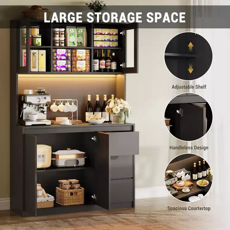 Meuble de Cuisine Whizmax avec Lumières LED et Station de Charge, Grand Placard de Rangement avec Plan de Travail, Armoire de Cuisine avec Tiroir et Portes Vitrées