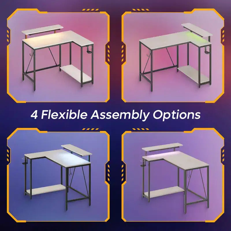 Bureau de jeu en L réversible Pinmoco 42 avec support d'écran, lumières LED, crochet pour casque et étagères de rangement, bureau à domicile