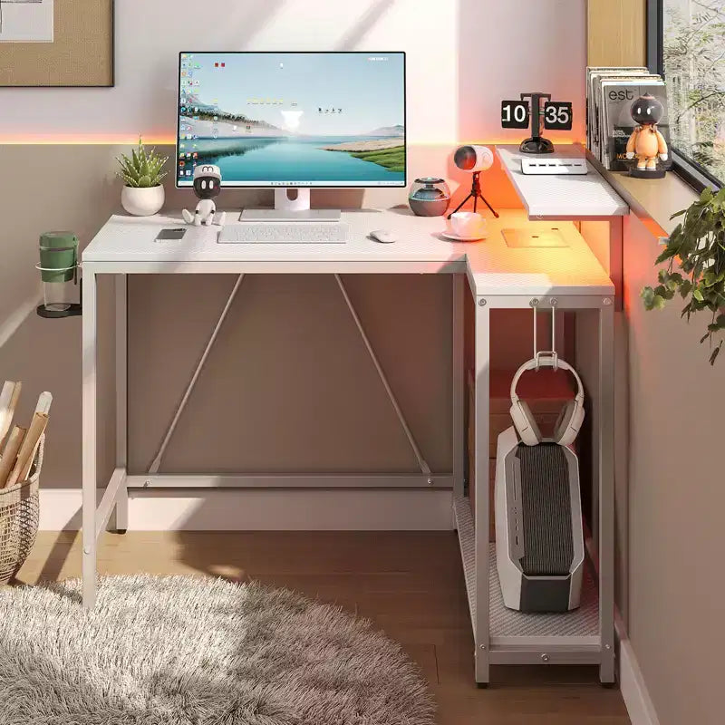 Bureau de jeu en L réversible Pinmoco 42 avec support d'écran, lumières LED, crochet pour casque et étagères de rangement, bureau à domicile