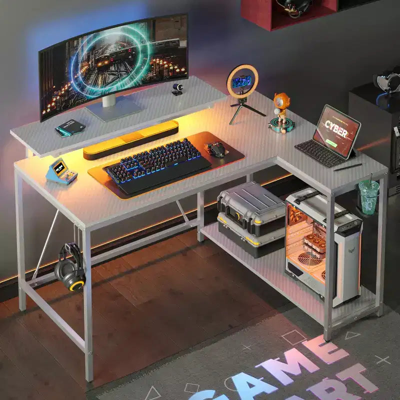 Bureau de jeu en L réversible Pinmoco 42 avec support d'écran, lumières LED, crochet pour casque et étagères de rangement, bureau à domicile
