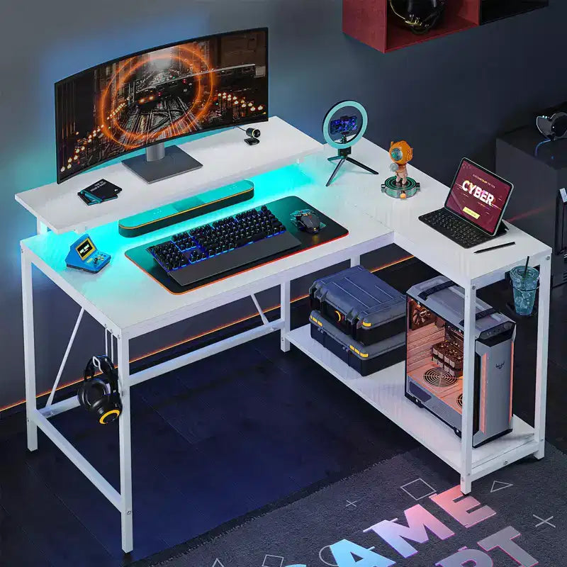 Bureau de jeu en L réversible Pinmoco 42 avec support d'écran, lumières LED, crochet pour casque et étagères de rangement, bureau à domicile