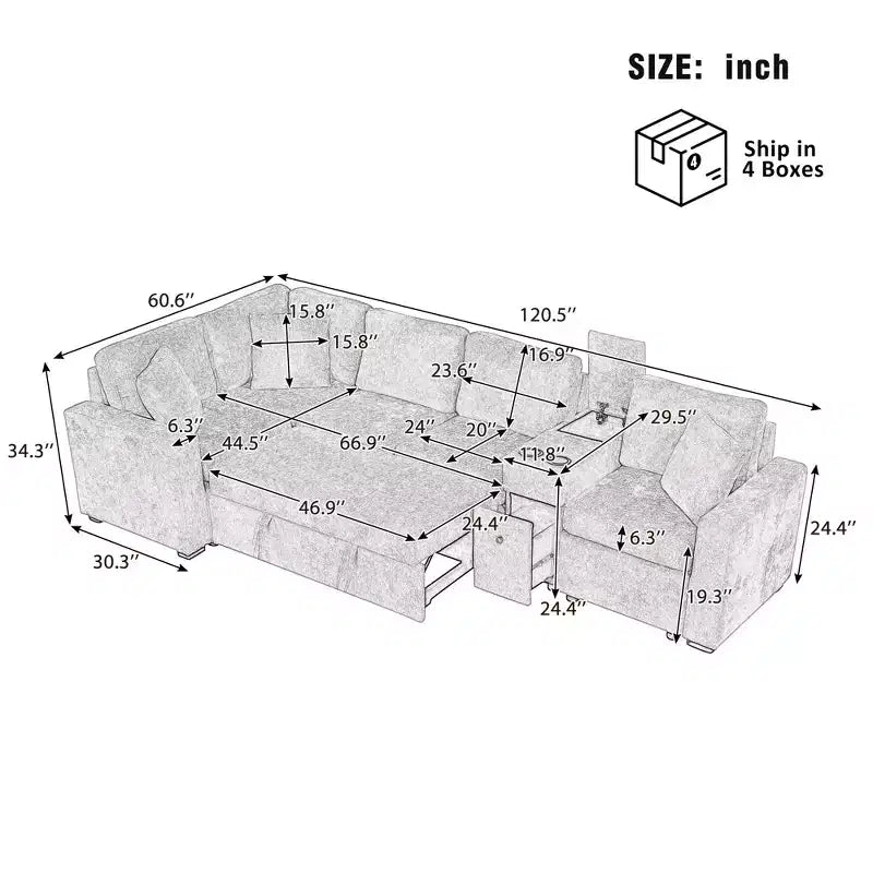 Canapé convertible modulaire en L de 306 cm avec lit gigogne, rangement et porte-gobelets. Canapé d'angle réversible pour salon moderne.
