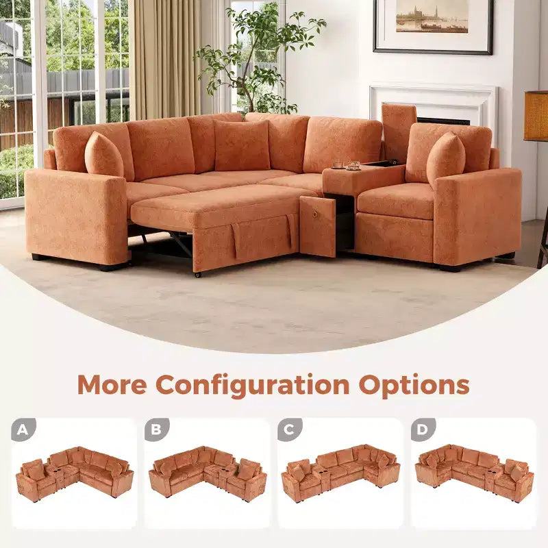 Canapé convertible modulaire en L de 306 cm avec lit gigogne, rangement et porte-gobelets. Canapé d'angle réversible pour salon moderne.