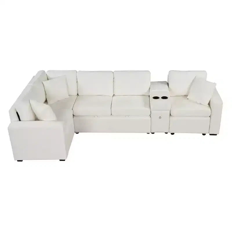 Canapé convertible modulaire en L de 306 cm avec lit gigogne, rangement et porte-gobelets. Canapé d'angle réversible pour salon moderne.