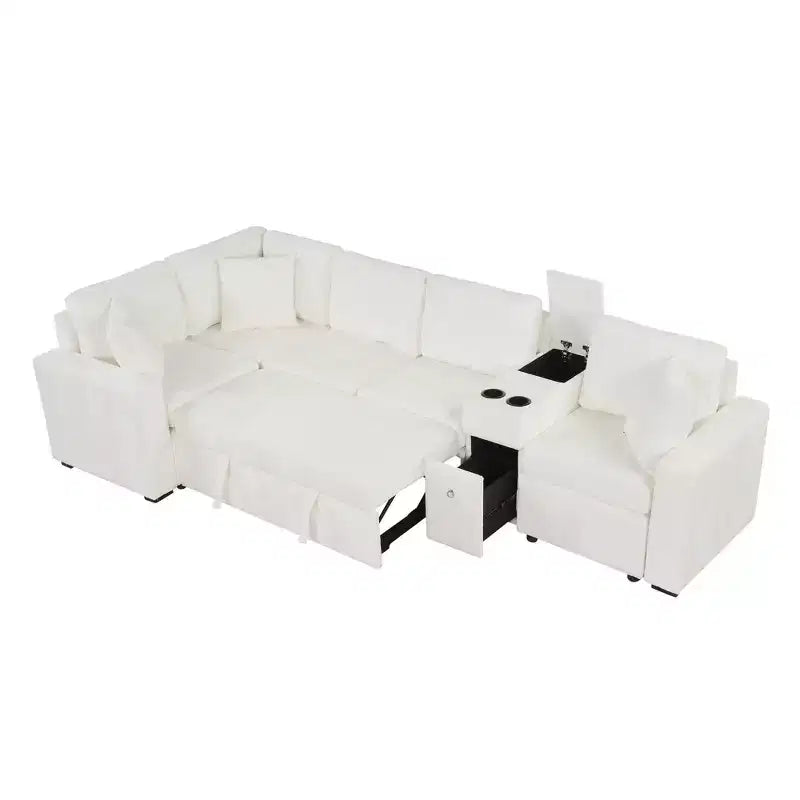 Canapé convertible modulaire en L de 306 cm avec lit gigogne, rangement et porte-gobelets. Canapé d'angle réversible pour salon moderne.