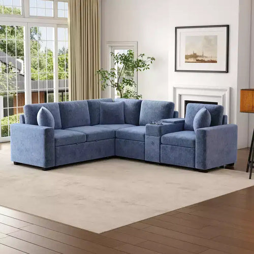120.5 Modular L-Shaped Sleeper Sofa with Pull-Out Bed, Storage & Cup Holders  Reversible Sectional for Modern Living