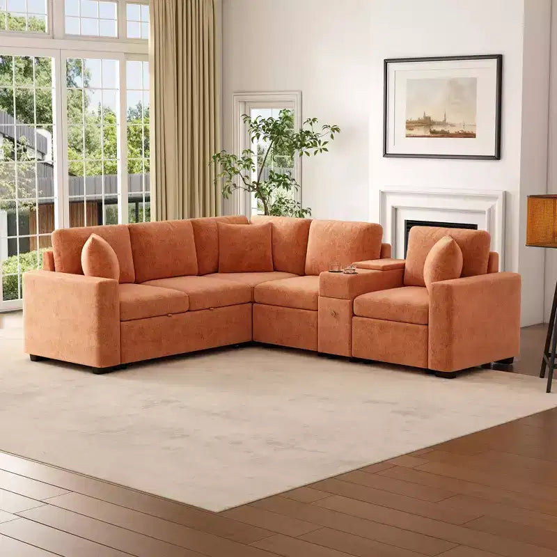 Canapé convertible modulaire en L de 306 cm avec lit gigogne, rangement et porte-gobelets. Canapé d'angle réversible pour salon moderne.