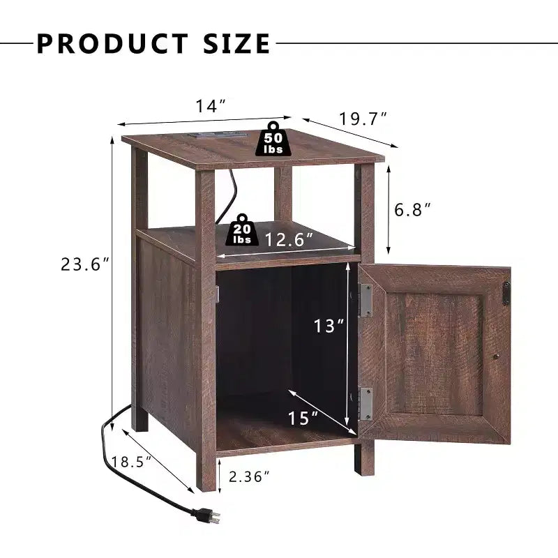 SinCiDo Lot de 2 tables de chevet de ferme avec station de recharge, tables d'appoint en bois avec porte de grange et étagères ouvertes pour chambre, salon