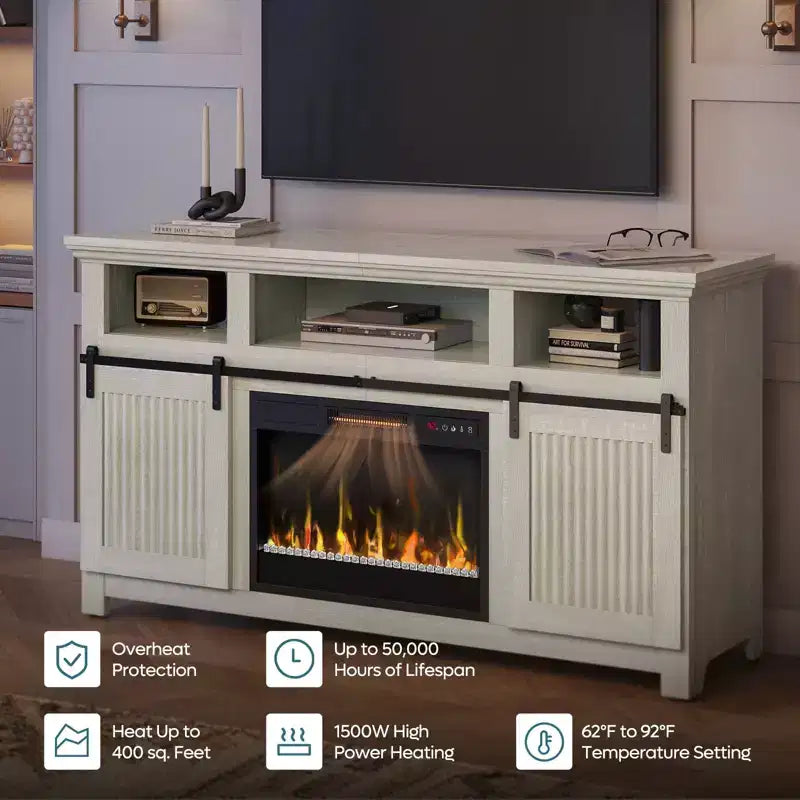 Meuble TV Bestier 61 avec cheminée pour téléviseurs jusqu'à 65 pouces, centre de divertissement style ferme avec portes de grange et cheminée électrique de 23 pouces télécommandée