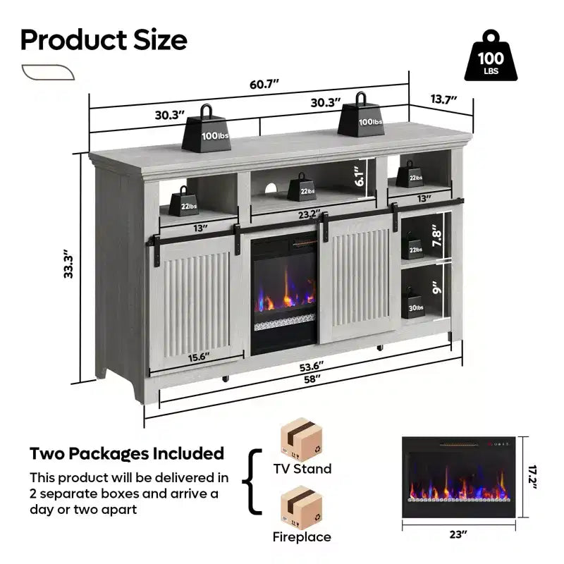 Meuble TV Bestier 61 avec cheminée pour téléviseurs jusqu'à 65 pouces, centre de divertissement style ferme avec portes de grange et cheminée électrique de 23 pouces télécommandée