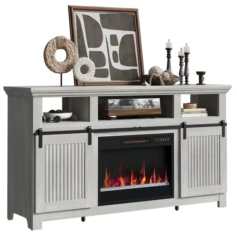 Meuble TV Bestier 61 avec cheminée pour téléviseurs jusqu'à 65 pouces, centre de divertissement style ferme avec portes de grange et cheminée électrique de 23 pouces télécommandée