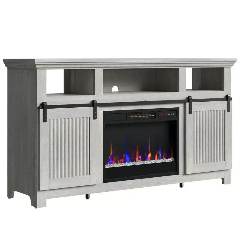 Meuble TV Bestier 61 avec cheminée pour téléviseurs jusqu'à 65 pouces, centre de divertissement style ferme avec portes de grange et cheminée électrique de 23 pouces télécommandée