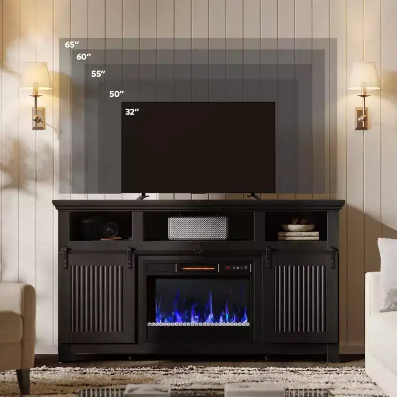 Meuble TV Bestier 61 avec cheminée pour téléviseurs jusqu'à 65 pouces, centre de divertissement style ferme avec portes de grange et cheminée électrique de 23 pouces télécommandée