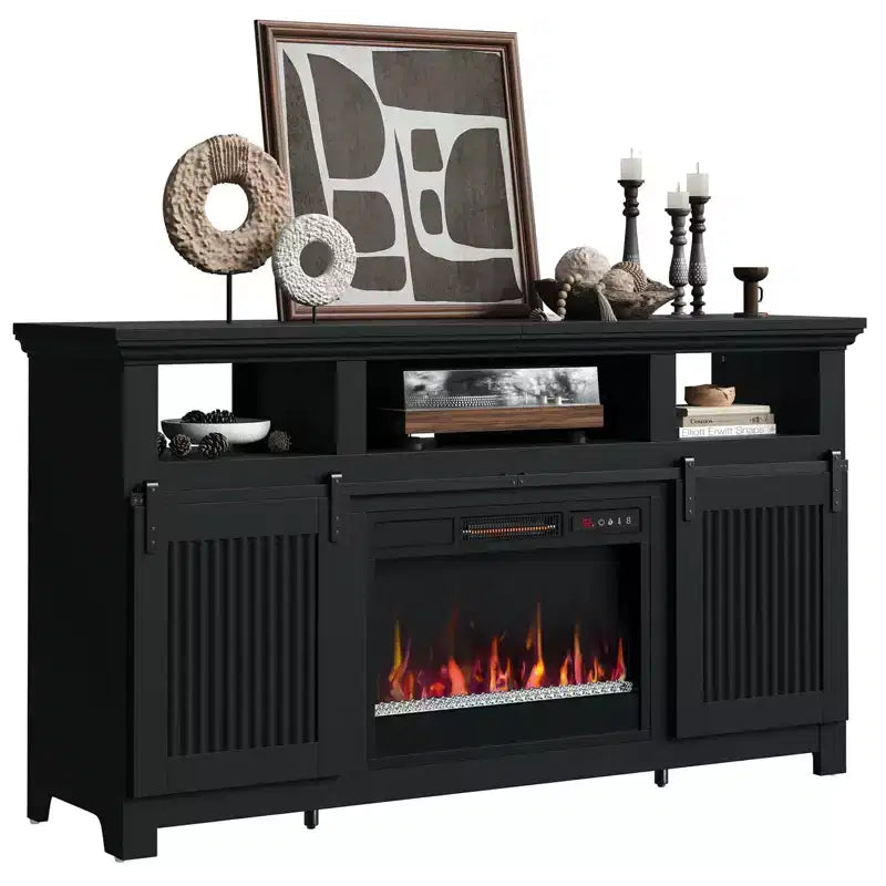 Meuble TV Bestier 61 avec cheminée pour téléviseurs jusqu'à 65 pouces, centre de divertissement style ferme avec portes de grange et cheminée électrique de 23 pouces télécommandée