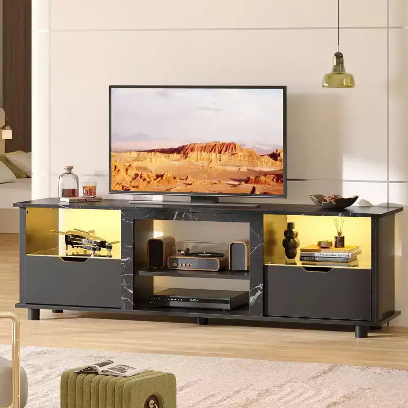 Meuble TV Bestier 178 cm avec lumières LED, centre de divertissement pour téléviseurs jusqu'à 75 pouces, console TV avec tiroirs et étagères réglables