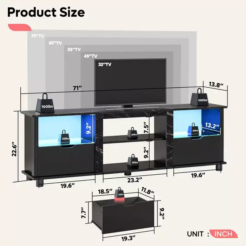 Meuble TV Bestier 178 cm avec lumières LED, centre de divertissement pour téléviseurs jusqu'à 75 pouces, console TV avec tiroirs et étagères réglables