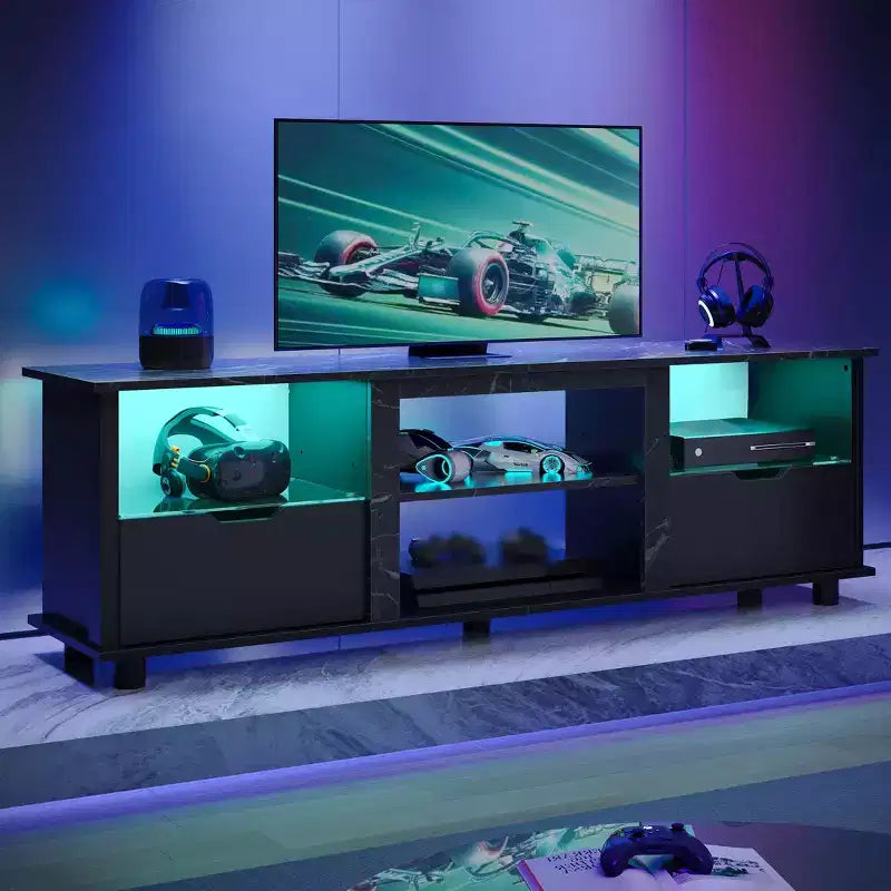 Meuble TV Bestier 178 cm avec lumières LED, centre de divertissement pour téléviseurs jusqu'à 75 pouces, console TV avec tiroirs et étagères réglables