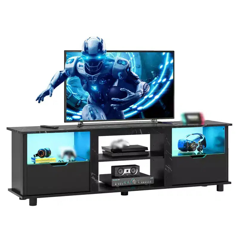 Meuble TV Bestier 178 cm avec lumières LED, centre de divertissement pour téléviseurs jusqu'à 75 pouces, console TV avec tiroirs et étagères réglables
