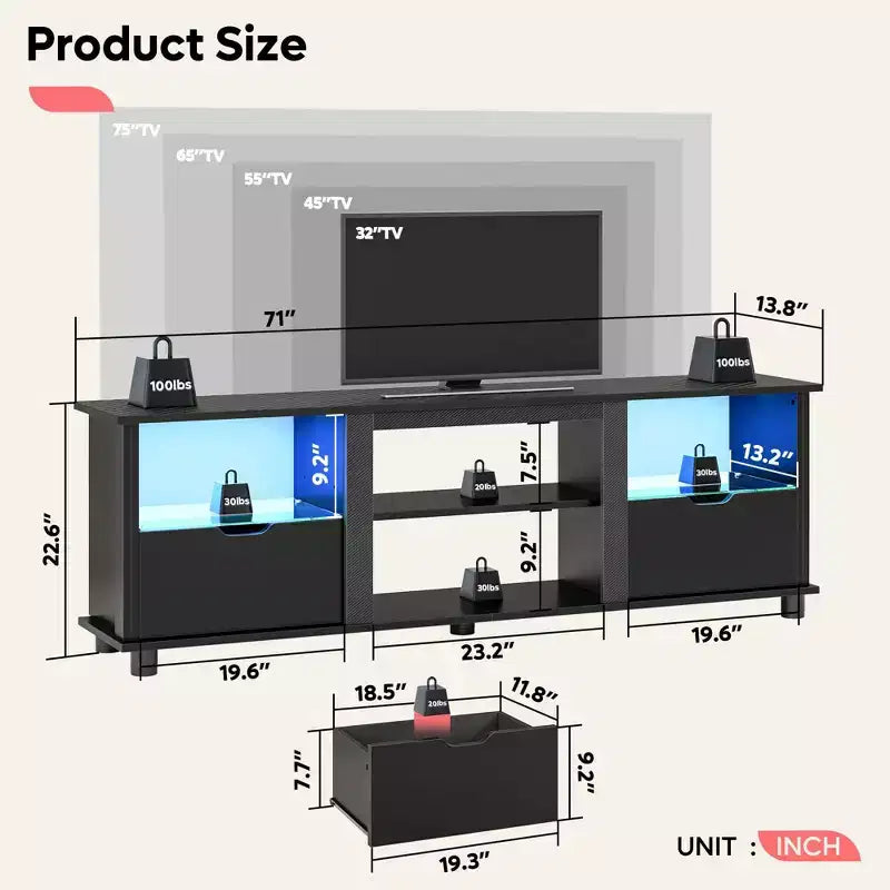 Meuble TV Bestier 178 cm avec lumières LED, centre de divertissement pour téléviseurs jusqu'à 75 pouces, console TV avec tiroirs et étagères réglables