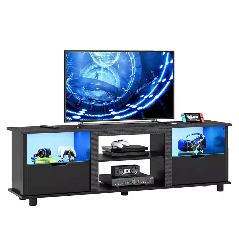 Meuble TV Bestier 178 cm avec lumières LED, centre de divertissement pour téléviseurs jusqu'à 75 pouces, console TV avec tiroirs et étagères réglables