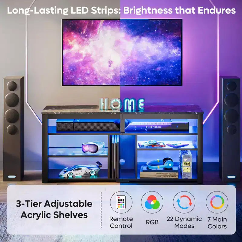 Meuble TV haut Bestier, meuble TV 55 LED pour téléviseurs jusqu'à 65 pouces, console TV de jeu avec rangement pour PS5, meuble média avec étagères réglables