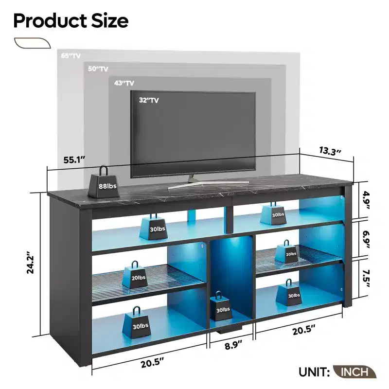 Meuble TV haut Bestier, meuble TV 55 LED pour téléviseurs jusqu'à 65 pouces, console TV de jeu avec rangement pour PS5, meuble média avec étagères réglables