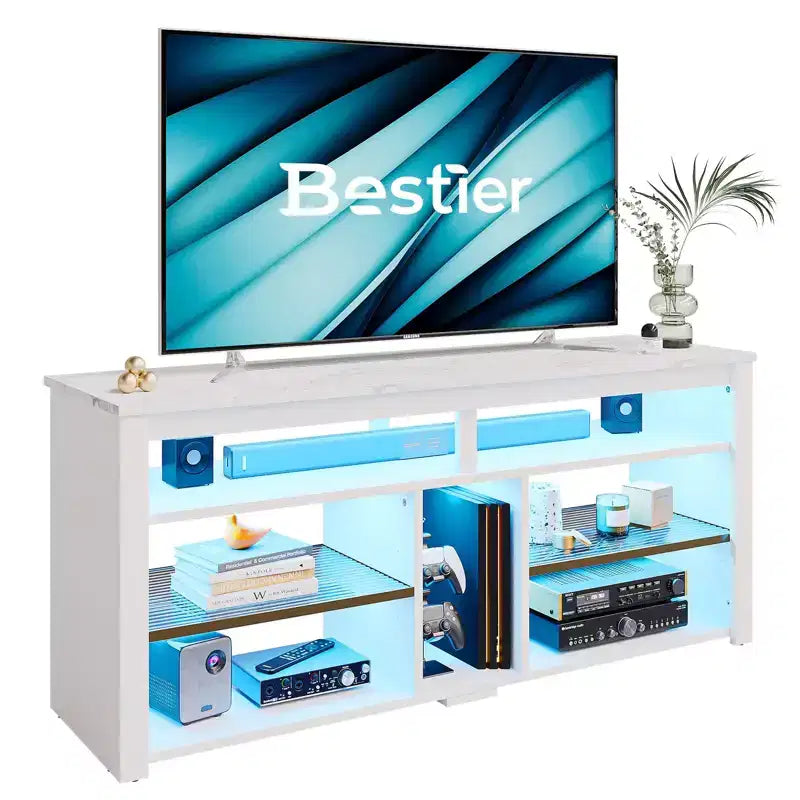 Meuble TV haut Bestier, meuble TV 55 LED pour téléviseurs jusqu'à 65 pouces, console TV de jeu avec rangement pour PS5, meuble média avec étagères réglables