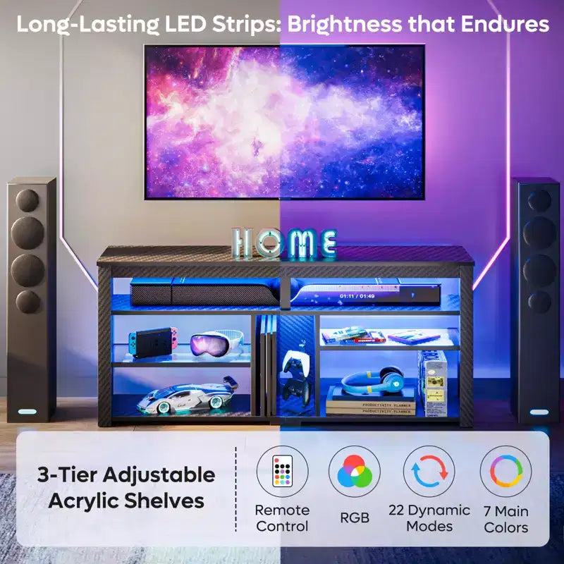 Meuble TV haut Bestier, meuble TV 55 LED pour téléviseurs jusqu'à 65 pouces, console TV de jeu avec rangement pour PS5, meuble média avec étagères réglables