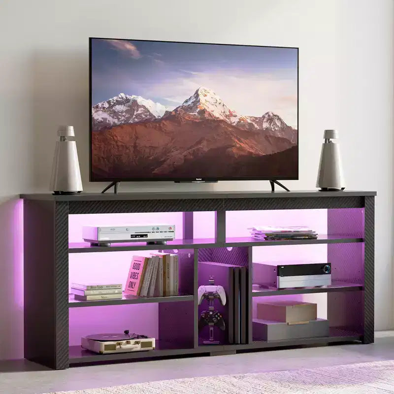 Meuble TV haut Bestier, meuble TV 55 LED pour téléviseurs jusqu'à 65 pouces, console TV de jeu avec rangement pour PS5, meuble média avec étagères réglables