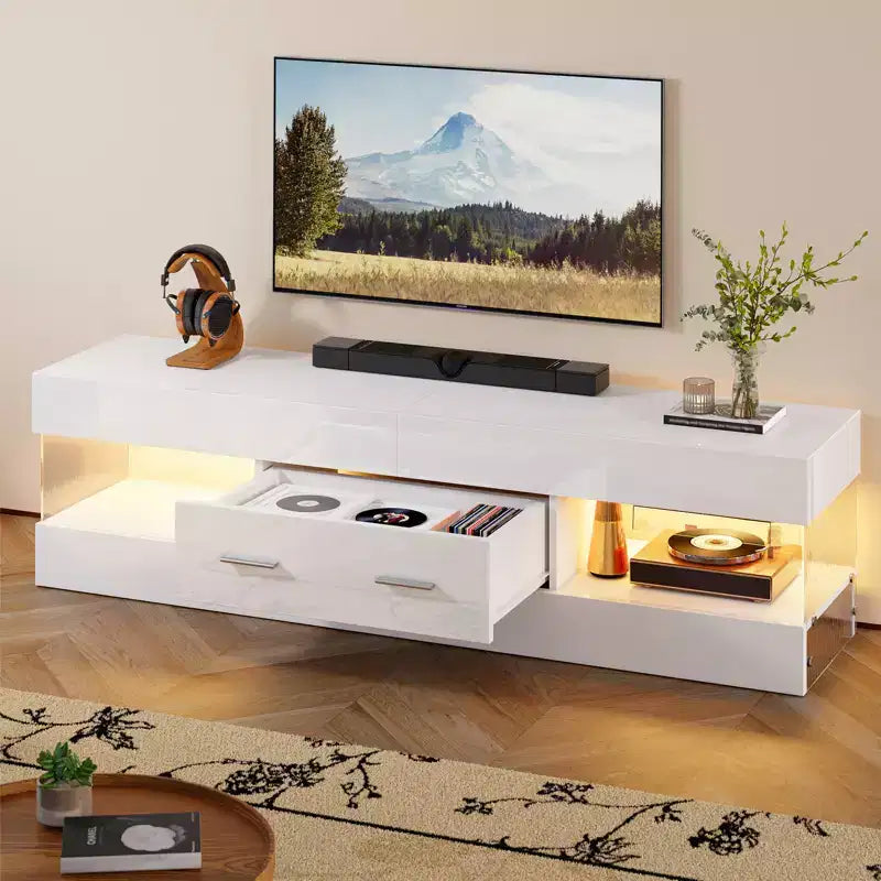 Meuble TV Bestier noir ultra-brillant pour TV jusqu'à 65 pouces, meuble de divertissement LED moderne avec tiroirs de rangement