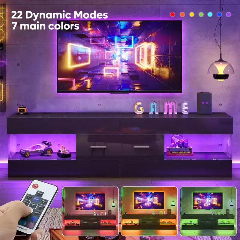 Meuble TV Bestier noir ultra-brillant pour TV jusqu'à 65 pouces, meuble de divertissement LED moderne avec tiroirs de rangement