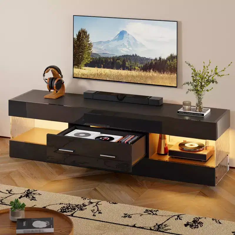 Meuble TV Bestier noir ultra-brillant pour TV jusqu'à 65 pouces, meuble de divertissement LED moderne avec tiroirs de rangement