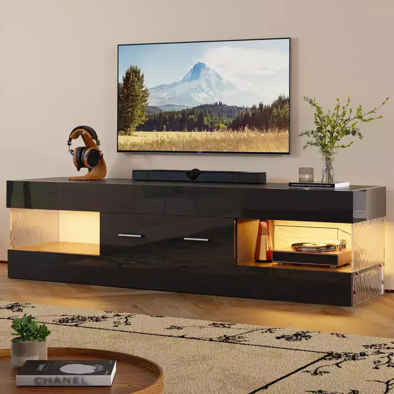 Meuble TV Bestier noir ultra-brillant pour TV jusqu'à 65 pouces, meuble de divertissement LED moderne avec tiroirs de rangement