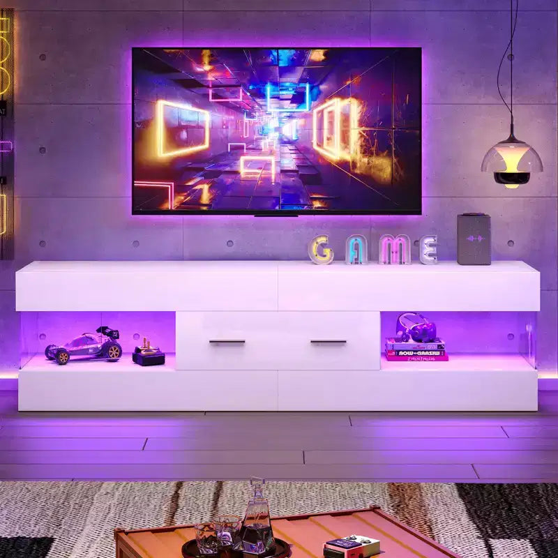 Meuble TV Bestier noir ultra-brillant pour TV jusqu'à 65 pouces, meuble de divertissement LED moderne avec tiroirs de rangement