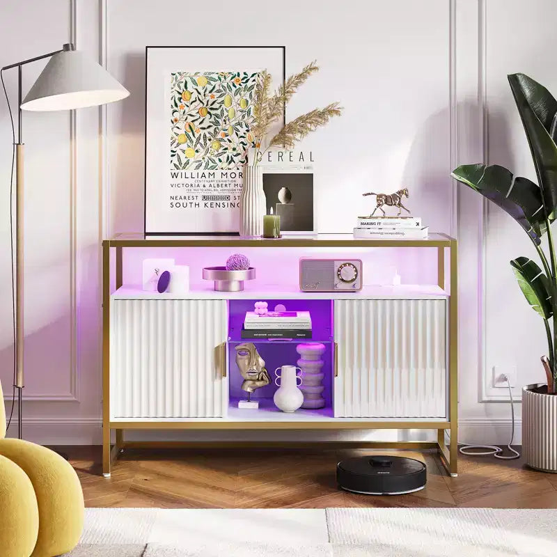 Bestier 47 Meuble de bar à café avec étagères réglables, buffet à LED avec prise de courant et étagères en verre, table d'entrée pour salon