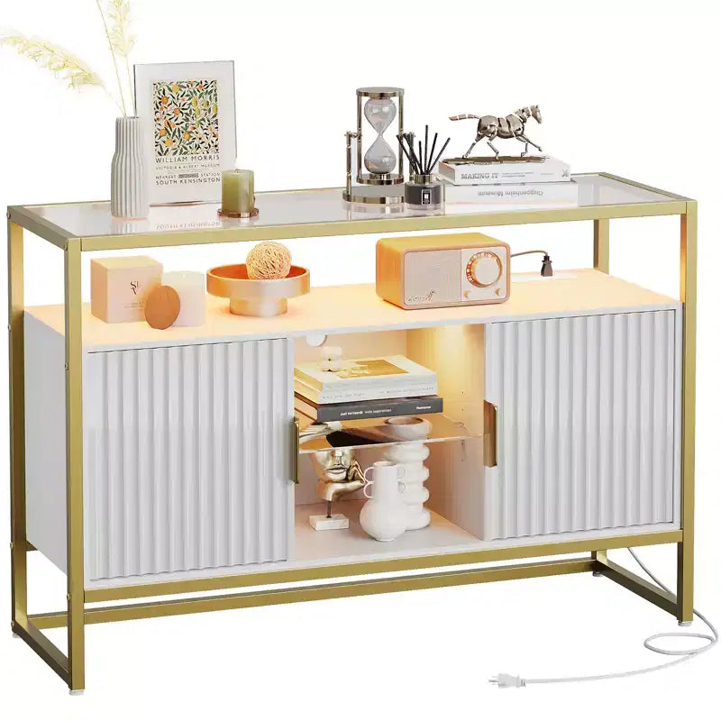 Bestier 47 Meuble de bar à café avec étagères réglables, buffet à LED avec prise de courant et étagères en verre, table d'entrée pour salon