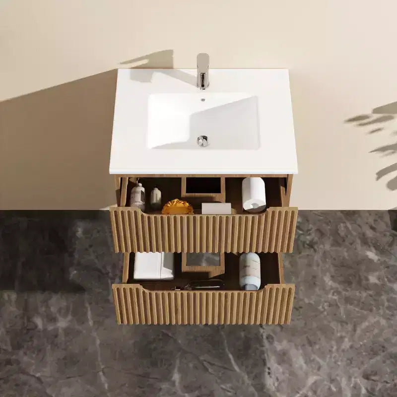 Meuble lavabo mural flottant 24 pouces avec vasque blanche et meuble sous-vasque, Noyer