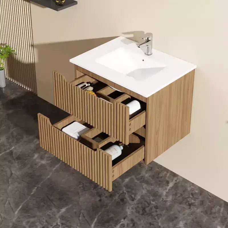 Meuble lavabo mural flottant 24 pouces avec vasque blanche et meuble sous-vasque, Noyer