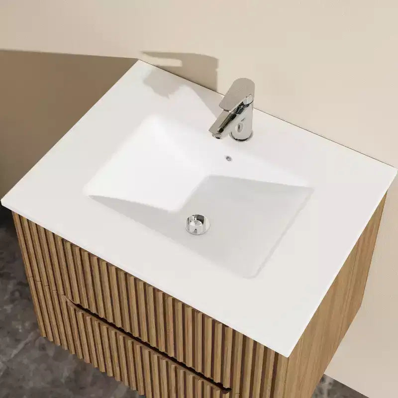 Meuble lavabo mural flottant 24 pouces avec vasque blanche et meuble sous-vasque, Noyer