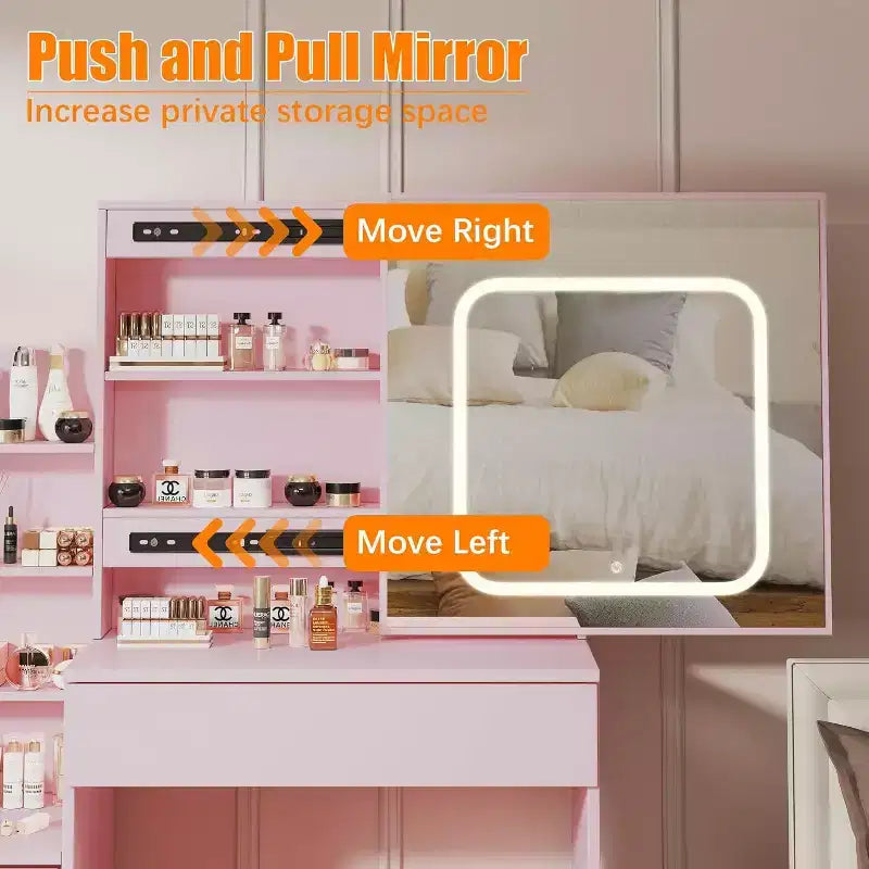 Ensemble de coiffeuse Acekool avec miroir coulissant, éclairage tactile, station de charge, 4 tiroirs et étagères, tabouret, pour chambre à coucher